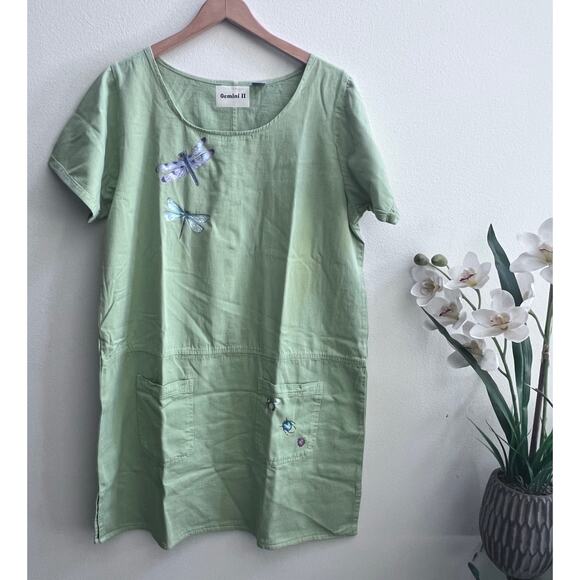 Gemini II Dresses & Skirts - Vintage Gemini II Women's Green Butterflies Pockets Short Sleeve Boxy Dress L